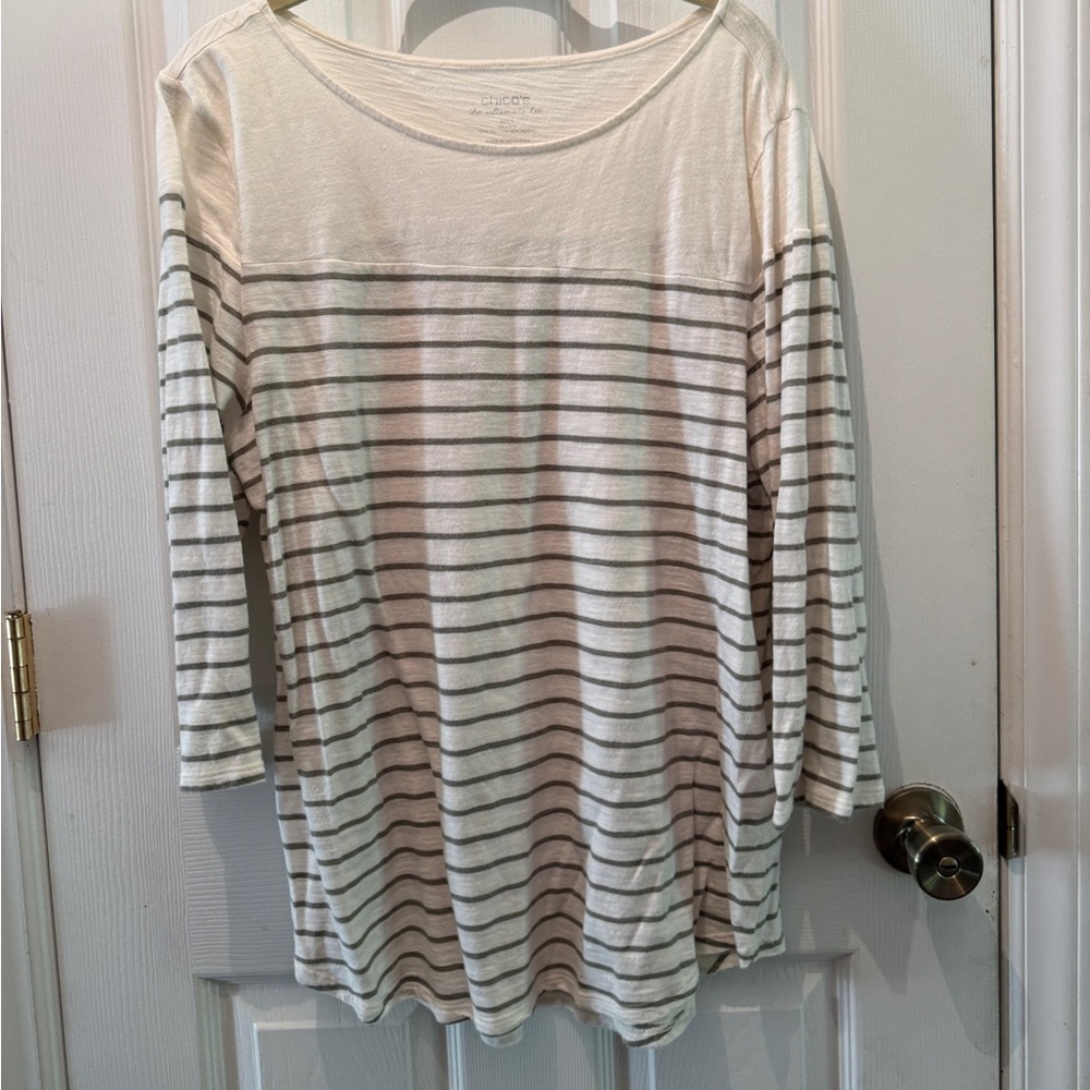 Chico's The Ultimate Tee Cotton 3/4 Sleeve T-Shirt Cream Green Stripes XL/3